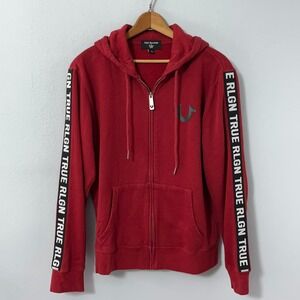 True Religion Hoodie Men Small Brick Red Side Taping‎ Full Zip Spell Out Logo